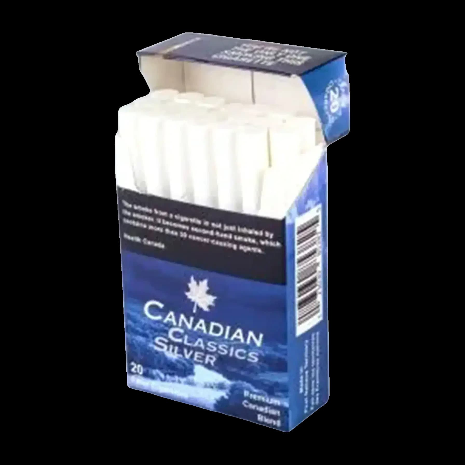 Open pack of Canadian Classics Silver cigarettes