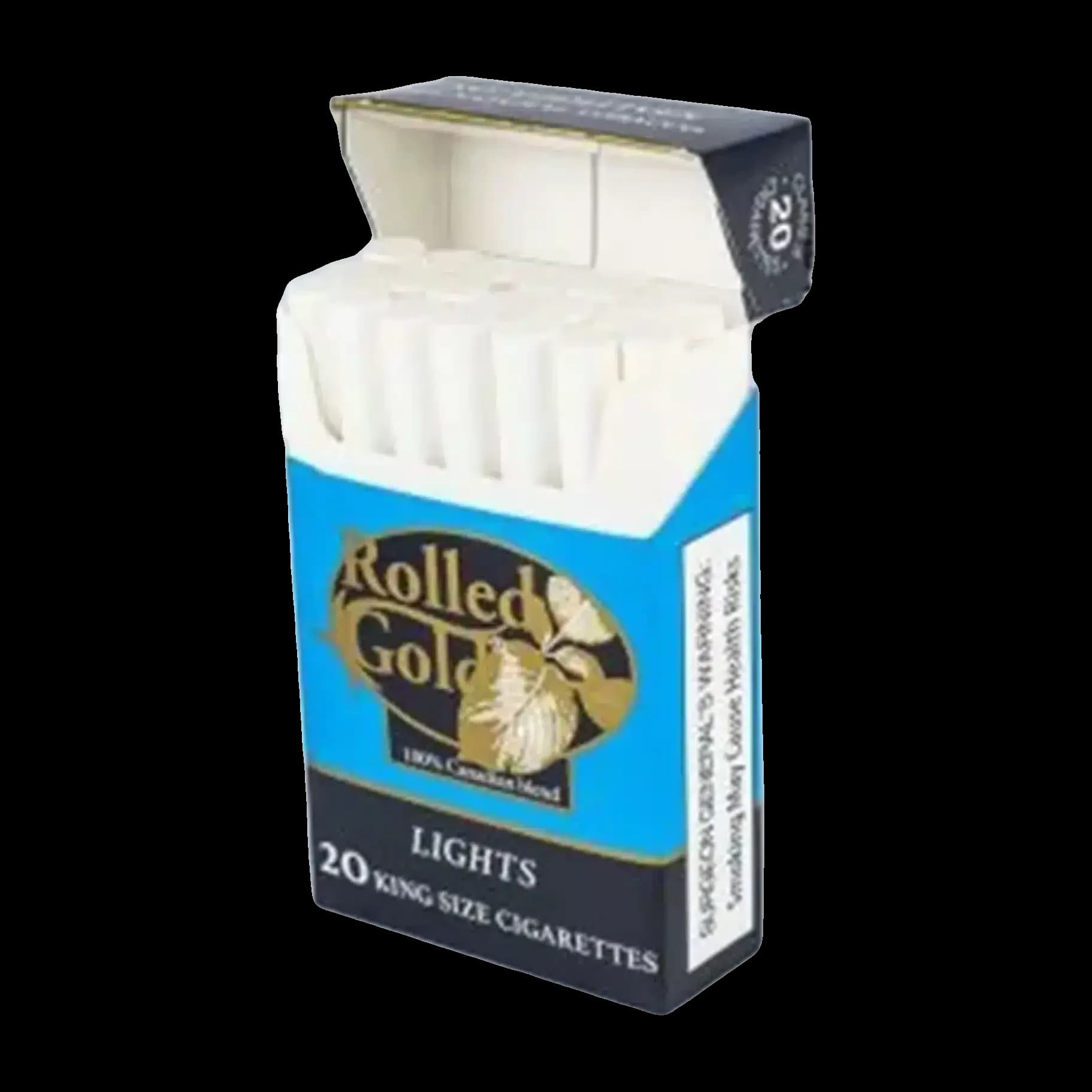 Open pack of Rolled Gold Lights cigarettes